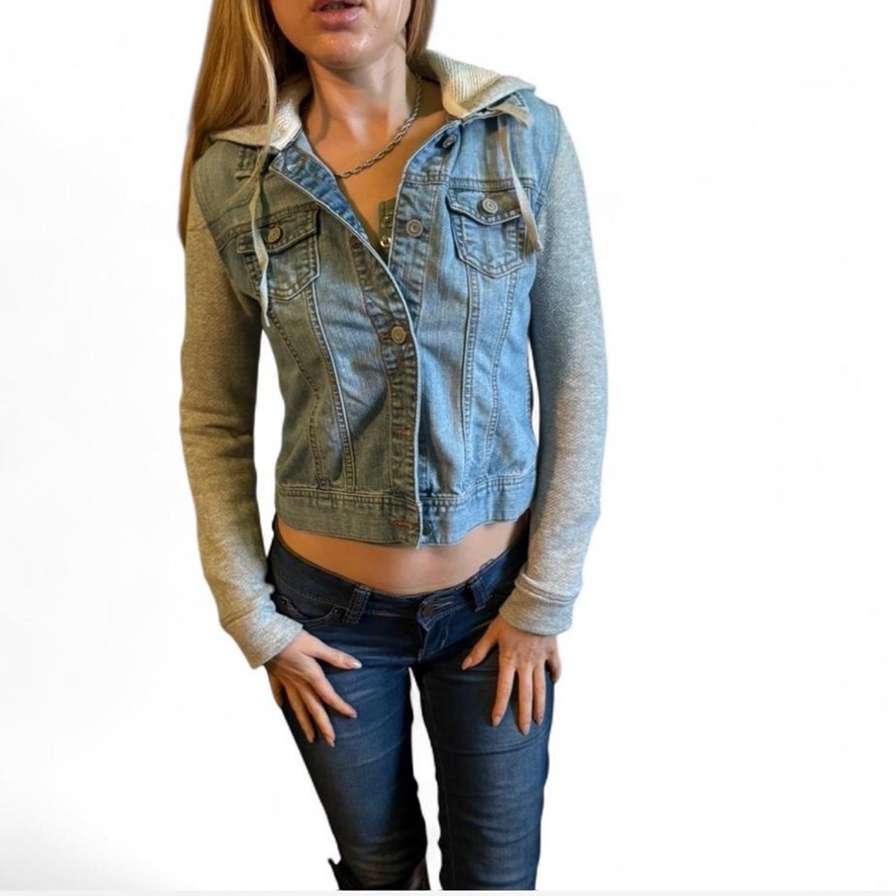 Y2K blue denim jacket with hood and sweater arms XS vintage style coat